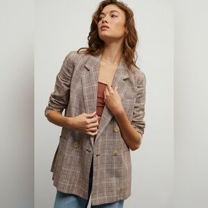 026 ANTHROPOLOGIE Maeve Women's Oversized Linen Plaid Blazer - Brown, Sz 8